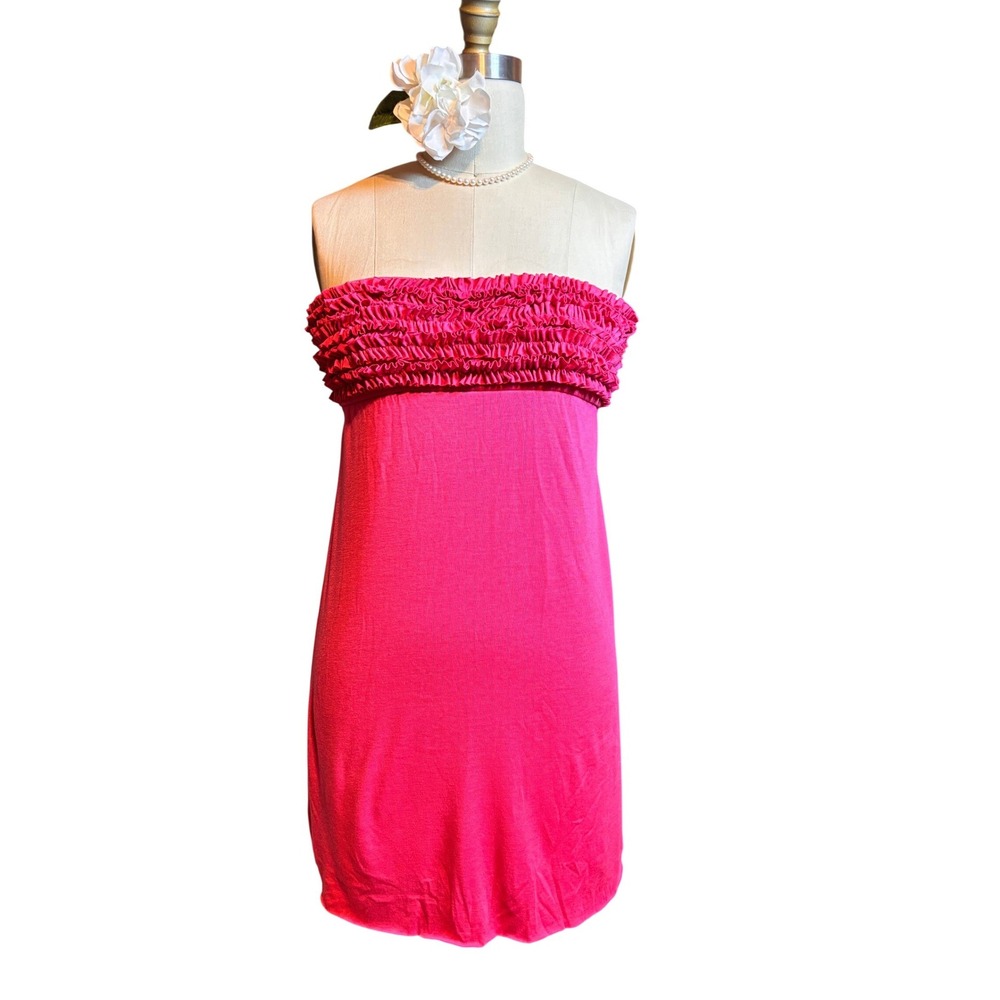 Y2K Ingear Strapless Cover Up Dress Small Hot Pink Ruffle Smocked Tie Back